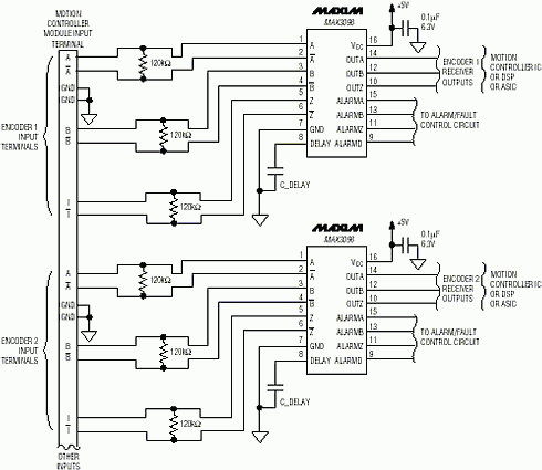 Figure 3. This circuit improves that of Figure 2 with detection of open, shorted and intermediate faults, ESD protection on all encoder input lines, and delayed alarm/fault outputs
